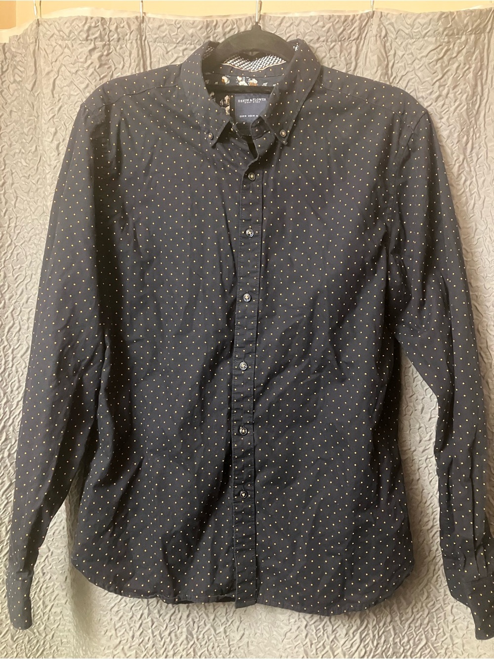 Denim & Flower Black Long-Sleeve Button-Down with Gold Micro Dot Print